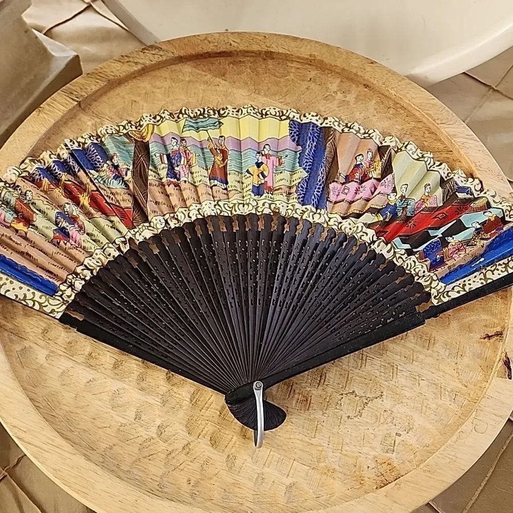 Vintage Colorful Figural & Landscape Scenery Hand painted Paper Fan
